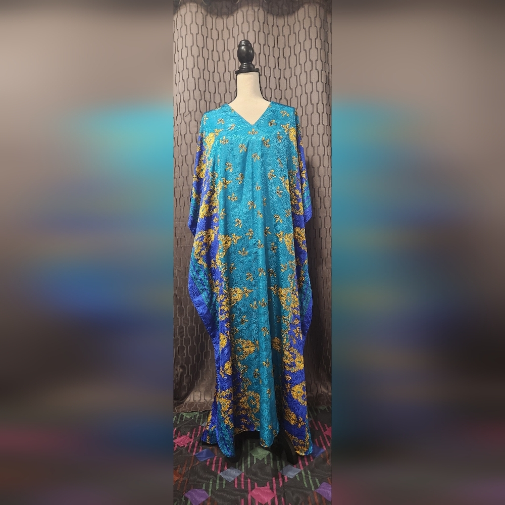 Elegant Blue and Gold Floral Women's Kaftan Dress